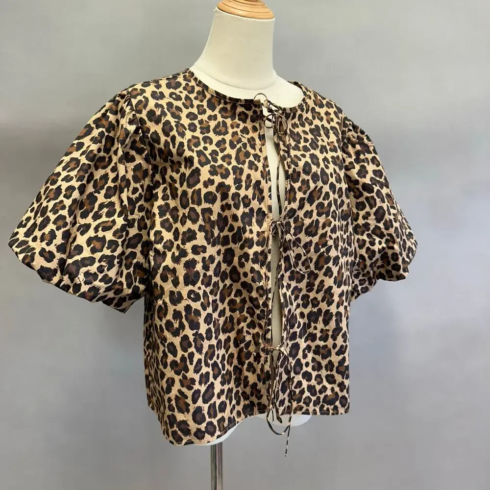 Abercrombie‎ & Fitch Short-Sleeve Tie-Front Top Leopard Print Size Large NWT